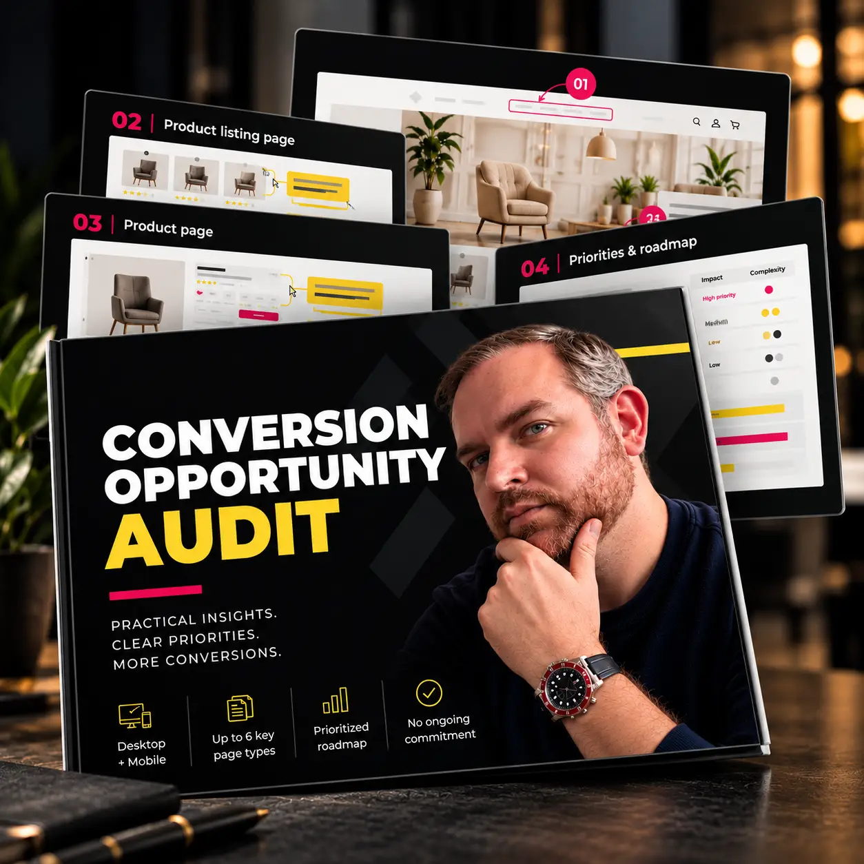 Example of a PrettyDamnGreat Conversion Opportunity Audit with CRO findings, recommendations and a prioritized optimization roadmap