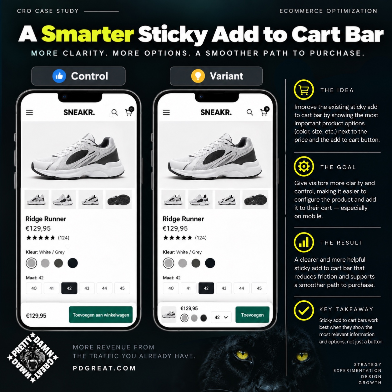 Mobile product page optimization comparing a basic sticky Add to Cart bar with a variant containing product thumbnail price colour size and purchase action