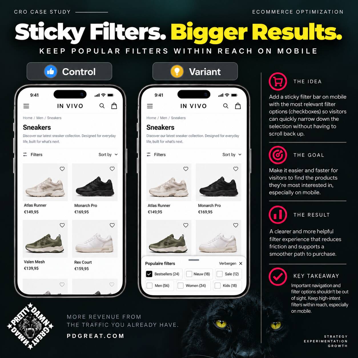 Mobile e-commerce optimization concept using a sticky popular filter bar with multi-select checkboxes on a product listing page
