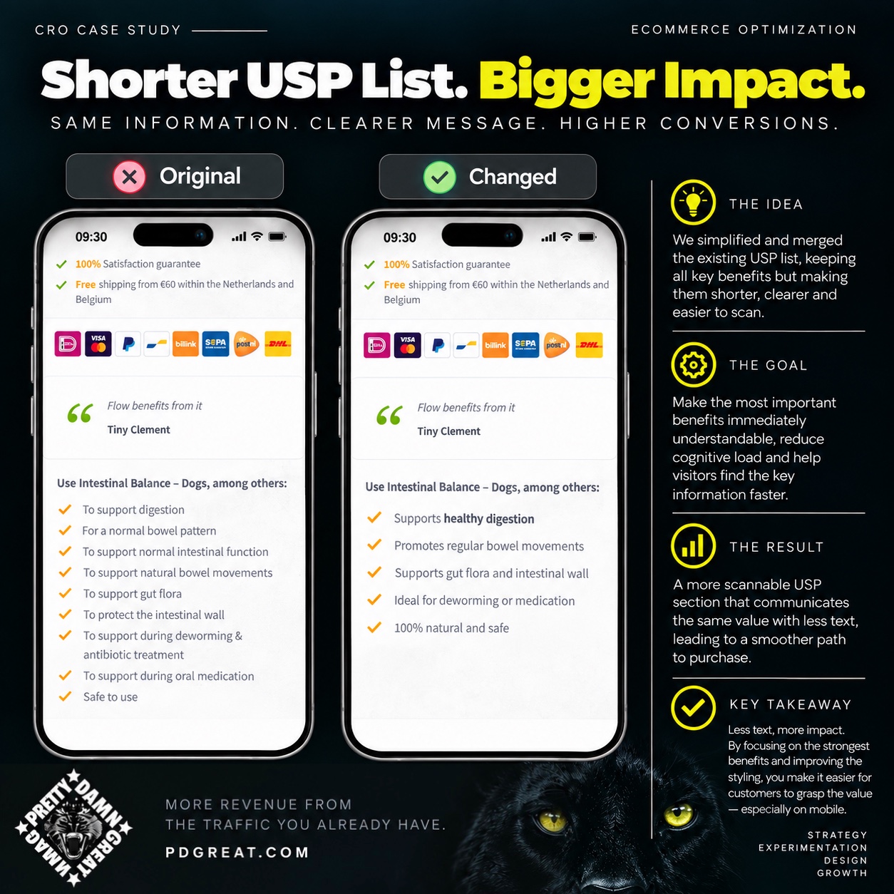 CRO content optimization example comparing a long product USP list with a shorter more scannable benefits list